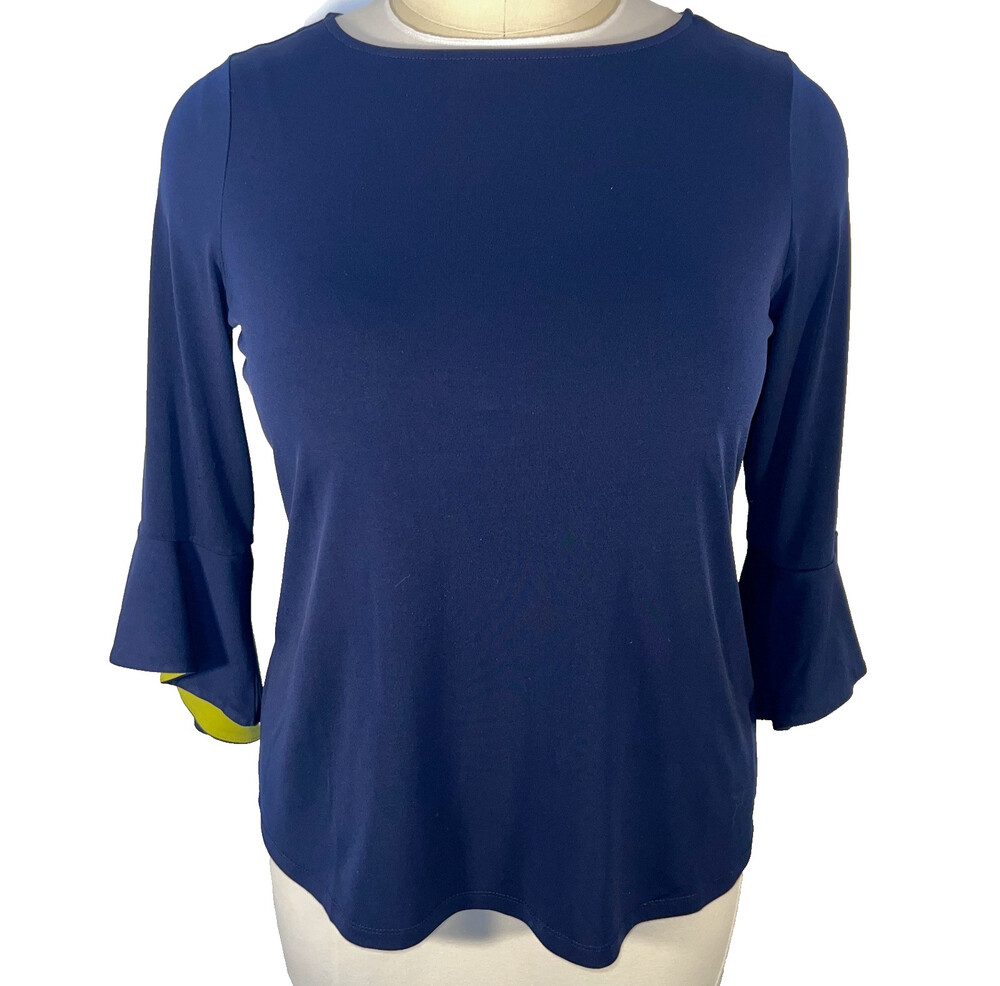 Susan Graver Tunic Top Blouse Womens L Navy Blue 3/4 Sleeve Charteuse Flare Cuff